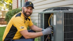 AC Installation Cost in Danville VA: technician inspects condenser at home