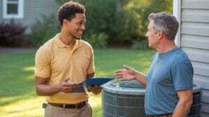 AC not cooling Lynchburg tech reviewing outdoor unit with homeowner