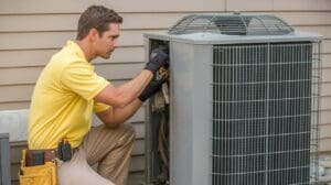 AC not cooling Lynchburg repair tech servicing outdoor condenser unit