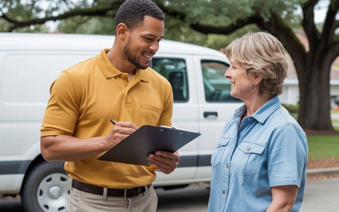 AC not cooling Lynchburg technician consulting homeowner by service van
