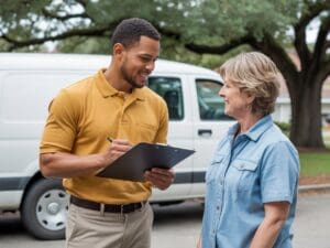 AC not cooling Lynchburg technician consulting homeowner by service van