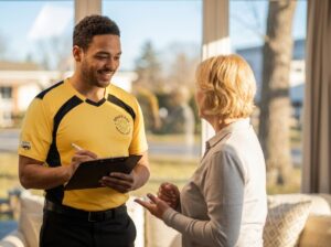 AC Sizing Guide Lynchburg VA: technician takes notes with homeowner