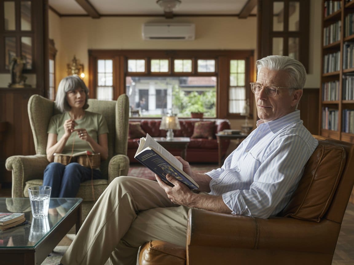 Couple enjoying comfortable living room with ductless AC installation Lynchburg providing ideal climate.