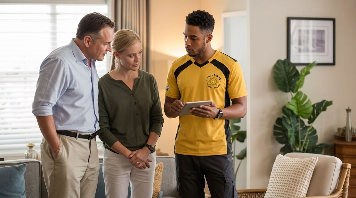 HVAC contractor Westbrook VA technician reviewing tablet with homeowners indoors