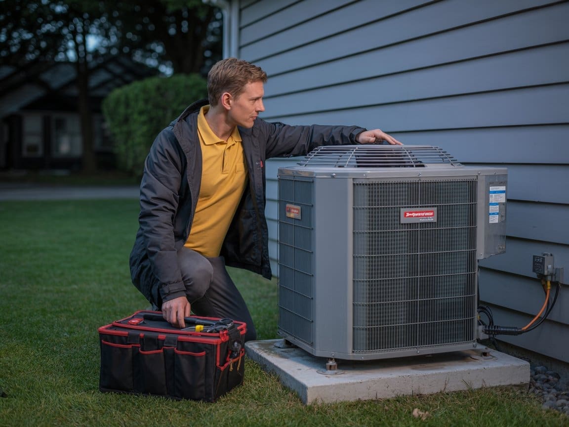 Heat pump installation Danville technician inspecting outdoor unit at dusk