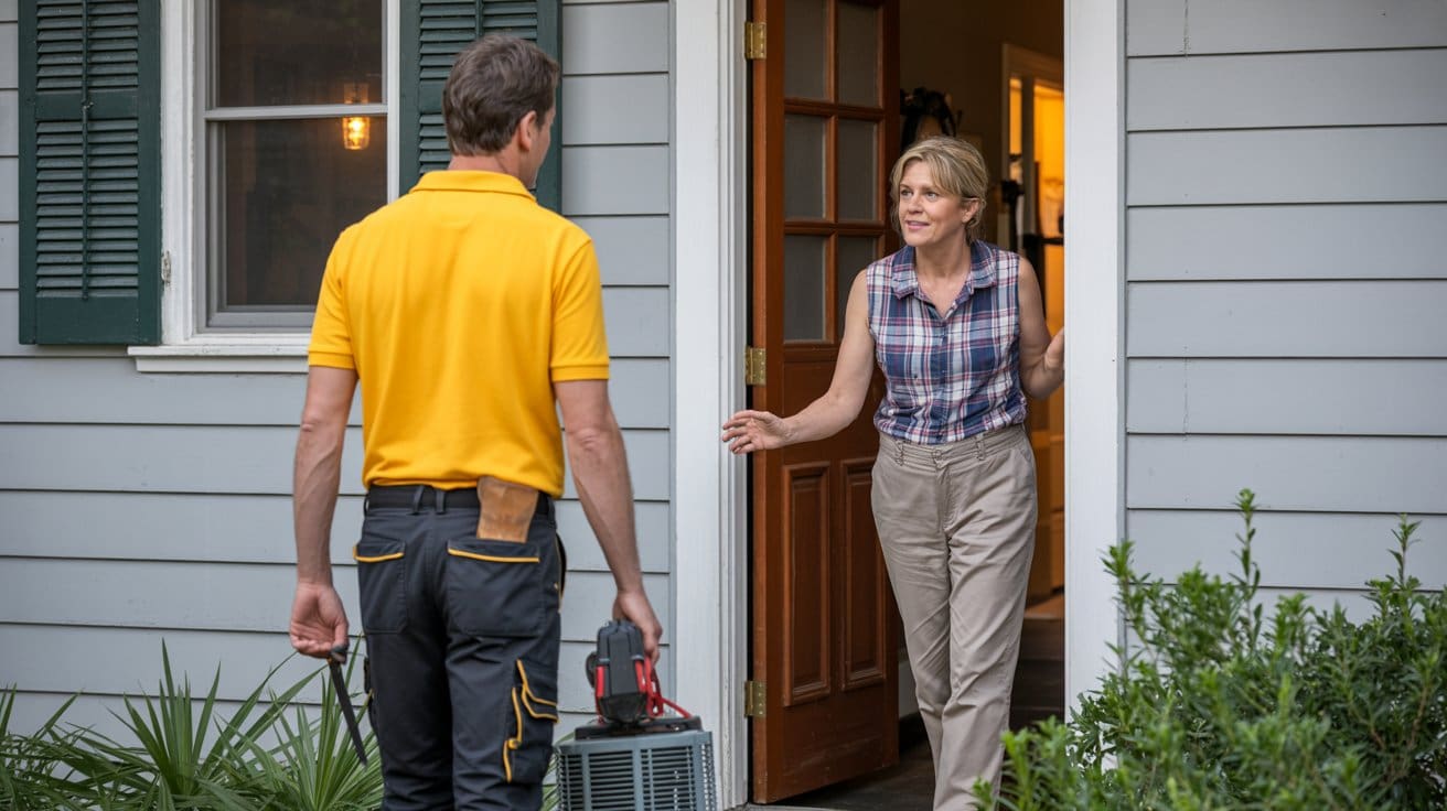 air conditioning contractor South Boston maintenance Air conditioning contractor South Boston technician arriving at home greeted by homeowner