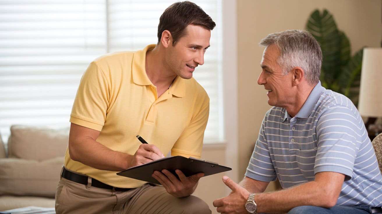 air conditioning system replacement Lynchburg service Air conditioning system replacement Lynchburg consultant discussing options with satisfied homeowner.