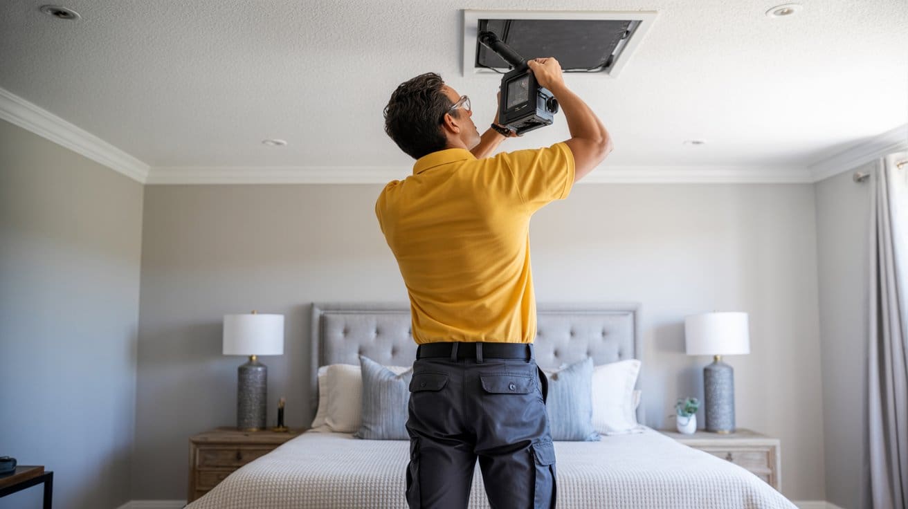 Air duct cleaning service Danville technician inspecting bedroom vent for optimal air quality