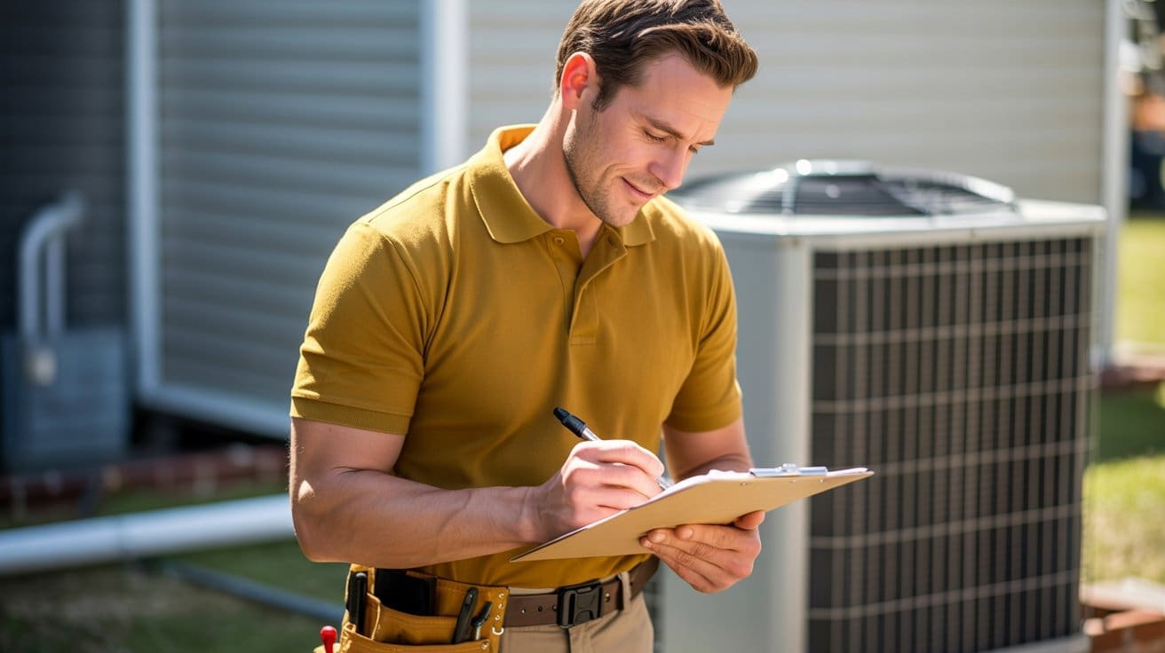 Central air conditioning repair Lynchburg technician inspects outdoor AC unit