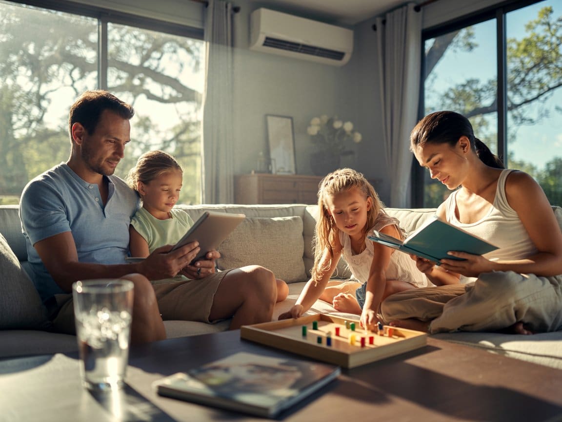 Family enjoying cool comfort from ductless AC installation Lynchburg experts provided in sunlit living room.