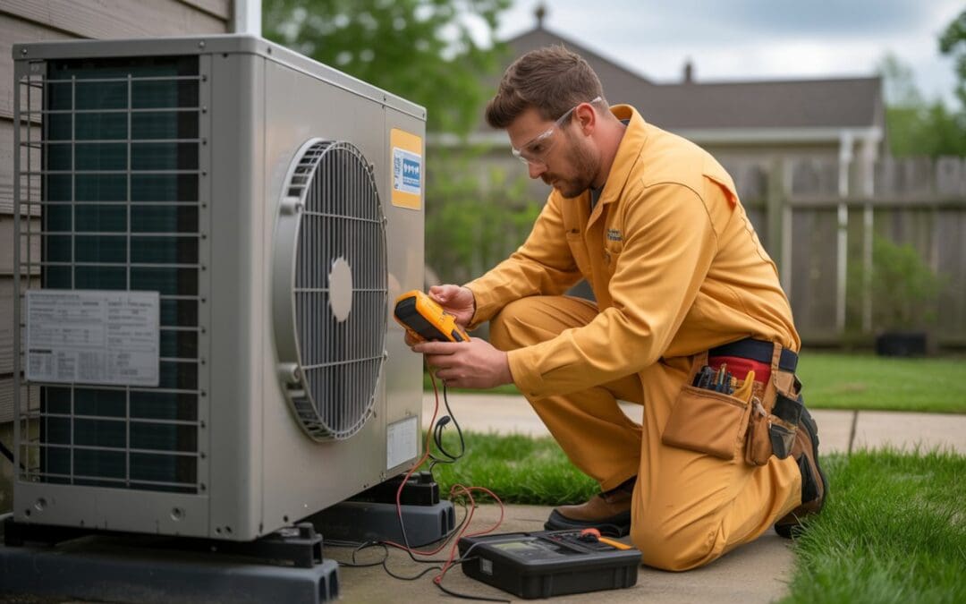 Heat pump installation process Halifax VA technician testing outdoor unit with diagnostic tools
