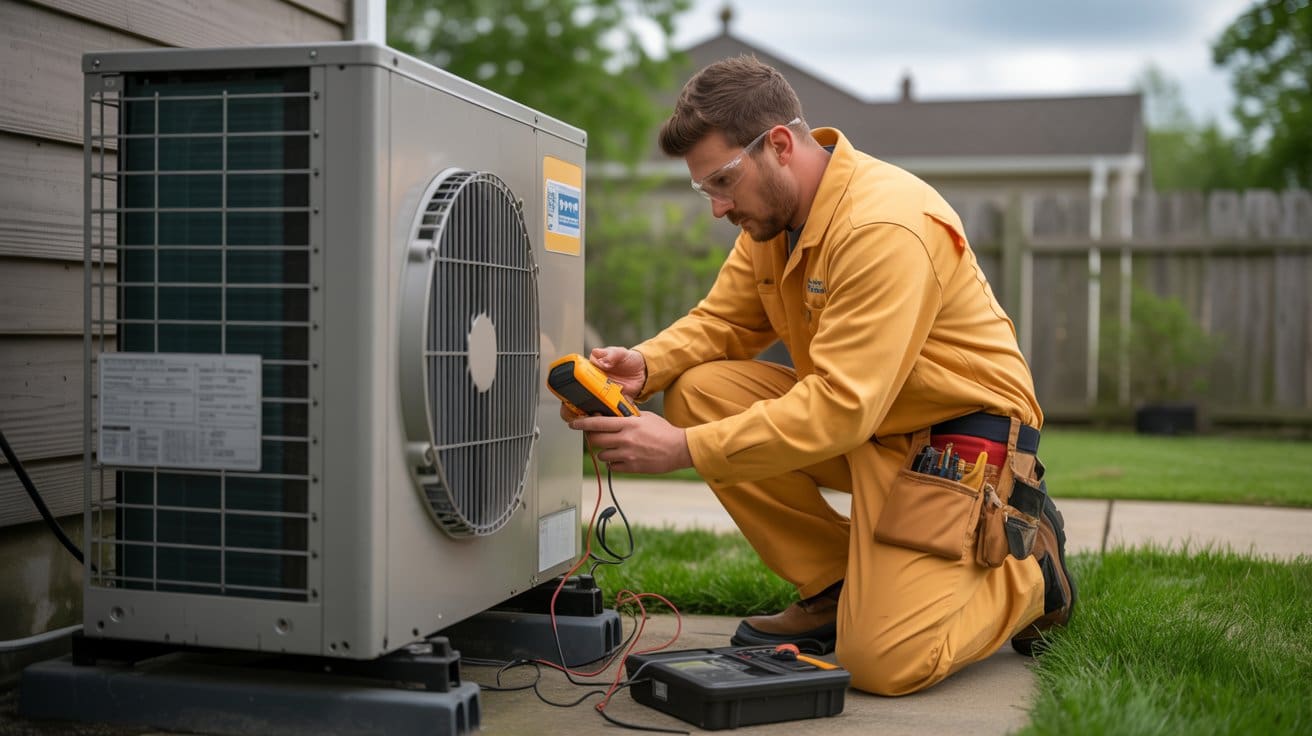 heat pump repair Lynchburg tech Technician performing heat pump service on Lynchburg residential unit with diagnostic equipment