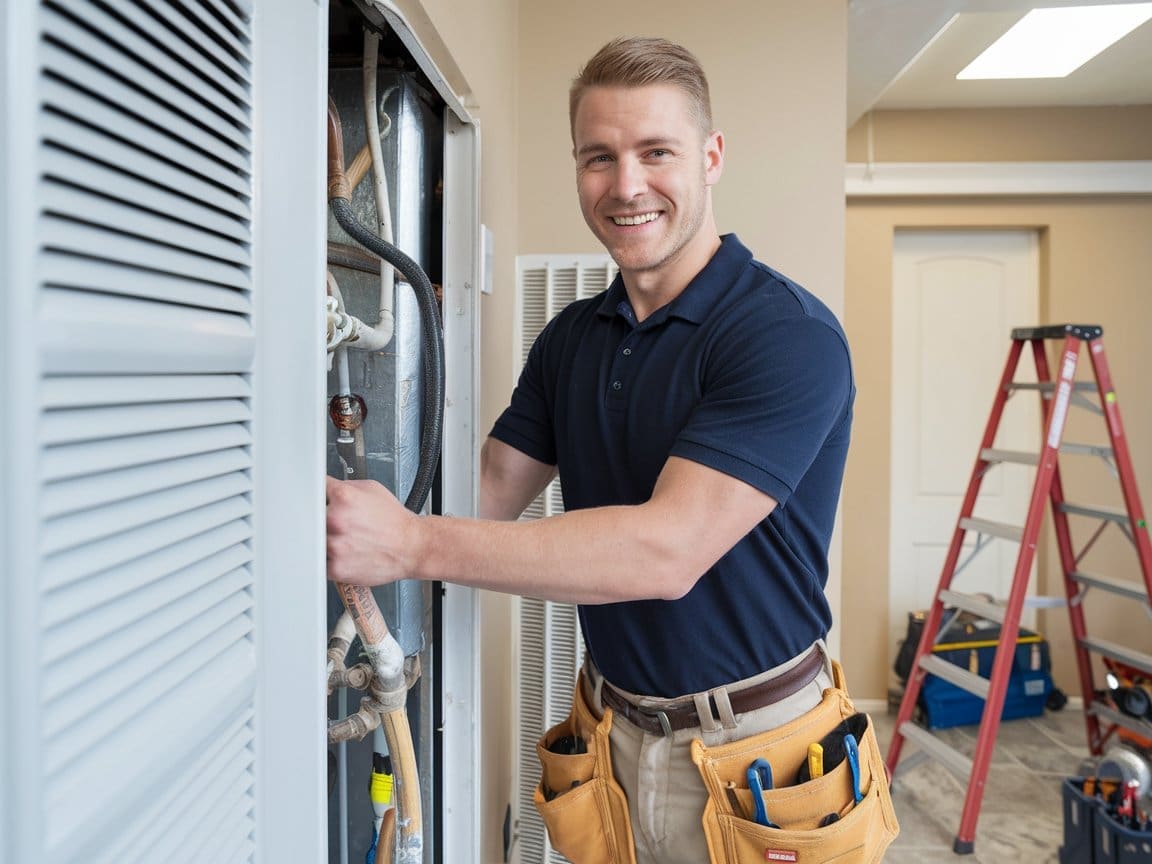 heating contractor lynchburg service Heating contractor Lynchburg technician smiling while servicing HVAC system in residential home