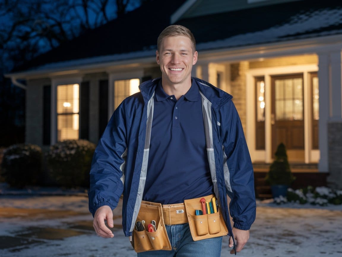 heating contractor lynchburg technician Heating contractor in Lynchburg smiling leaving client's home after providing heating service