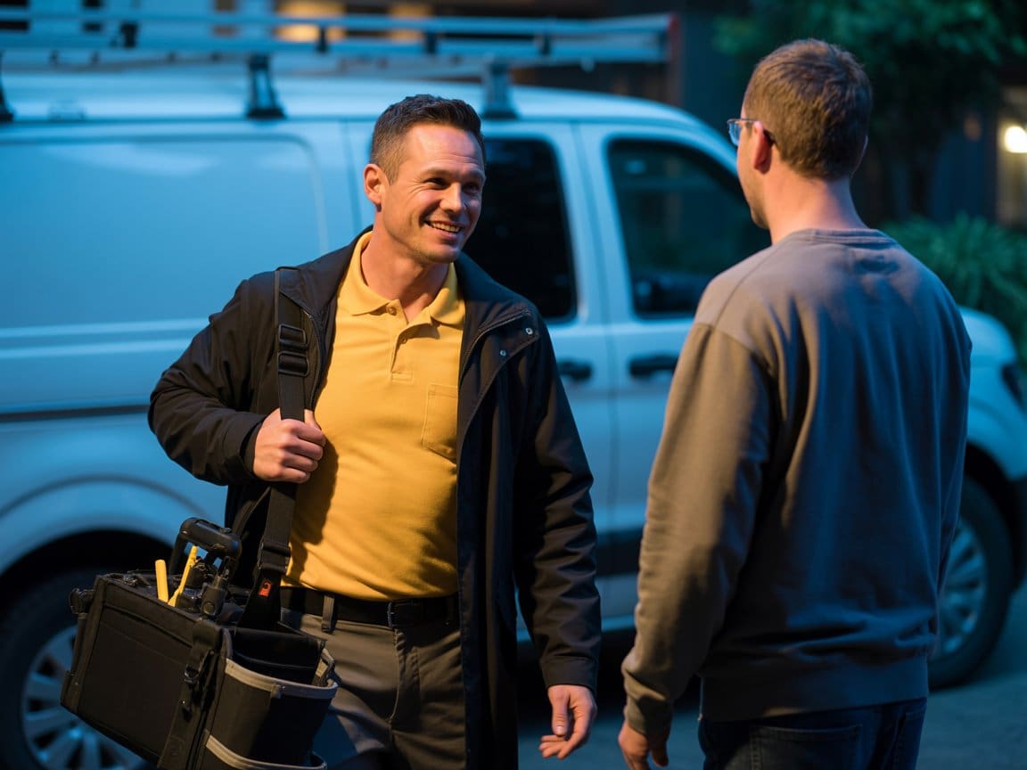 hvac services danville emergency HVAC Services Danville technician with toolbox talking to customer by service van