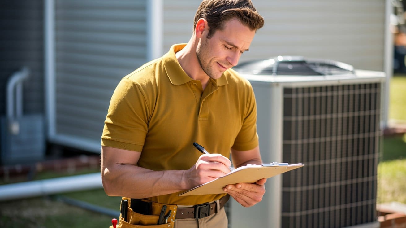 hvac services danville maintenance HVAC Services Danville technician writing inspection report near AC unit