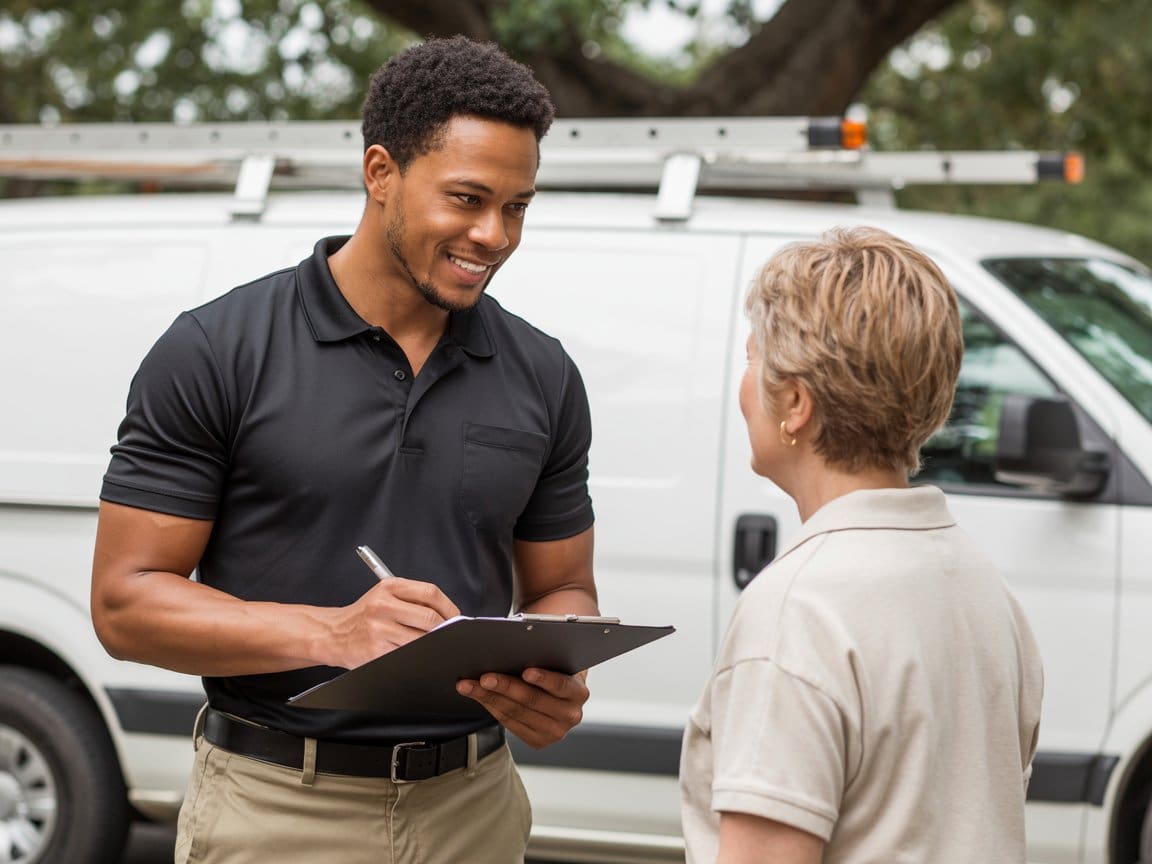 residential ac services Lynchburg emergency Residential AC services Lynchburg technician completing service paperwork with homeowner beside company van