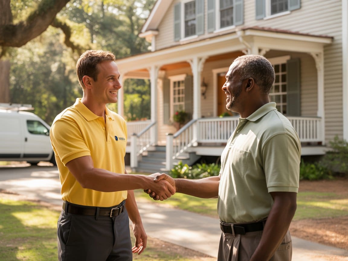 residential ac services Lynchburg trust Residential AC services Lynchburg technician from Solutions greeting homeowner outside country home