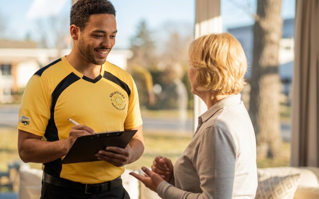 Residential air duct cleaning cost Lynchburg VA: technician reviews options with homeowner